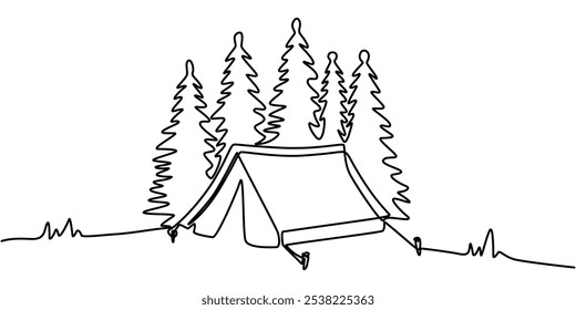 Dia Mundial do Turismo. tenda turística, contínua uma linha arte desenho à mão esboço, logotipo, Camp Tent Linha contínua linha editável traço linha, Camping Tent Linha contínua desenho com traço editável.