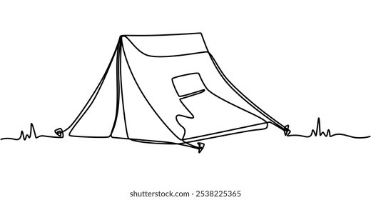 World Tourism Day. tourist tent, continuous one line art hand drawing sketch, logo, Camp Tent Continuous Line Editable Stroke Line, Camping Tent Continuous Line Drawing with Editable Stroke.