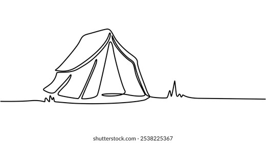 World Tourism Day. tourist tent, continuous one line art hand drawing sketch, logo, Camp Tent Continuous Line Editable Stroke Line, Camping Tent Continuous Line Drawing with Editable Stroke.