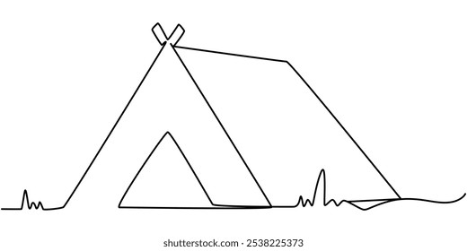 World Tourism Day. tourist tent, continuous one line art hand drawing sketch, logo, Camp Tent Continuous Line Editable Stroke Line, Camping Tent Continuous Line Drawing with Editable Stroke.