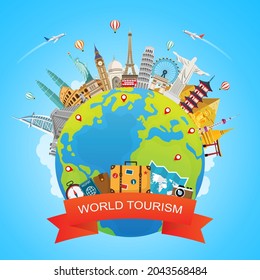 world tourism day. travel around the world with landmark on earth. road trip. Journey concept. Travelling banner. vector illustration in flat style modern design. 