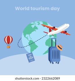 Día Mundial del Turismo, concepto de viajes y turismo. Ilustración de concepto de vector y plantilla