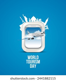 In: World Tourism Day. Reisekonzept. kreative Reisemeldung.