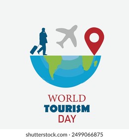 World Tourism Day. Travelling concept. Backpack with an airplane and navigation icons isolated on a grey background. Vector illustration. EPS editable file.