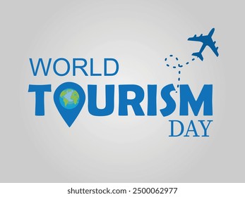World Tourism Day. Travelling creative concept with an airplane, world map and navigation icons isolated on a grey background.
