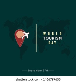 World Tourism Day Vector design with flying plane, pin pisition and green world map