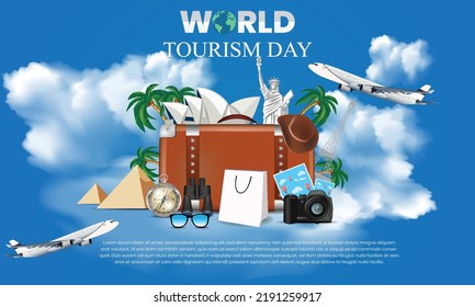 Ilustración vectorial del Día Mundial del Turismo. Día mundial del turismo con avión, ópera, vector de estatuas