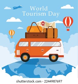 World tourism day vector illustration. World tourism day with car, opera house, statue vector