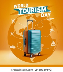 World Tourism Day. Vector illustration. Travel concept travel suitcase with a raised handle, against the backdrop of a globe and routes of planes and ships.Vector template  poster, banner, flyer