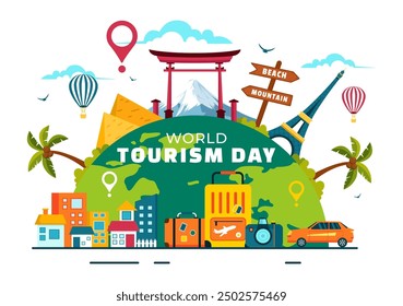 World Tourism Day Vector Illustration featuring a Globe and Famous Landmarks, Architectural Monuments, and National Statues in a Cartoon Background