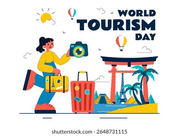 World Tourism Day Vector Illustration featuring a Globe, Famous Landmarks, Architectural Monuments, and National Statues in a Flat Background Design