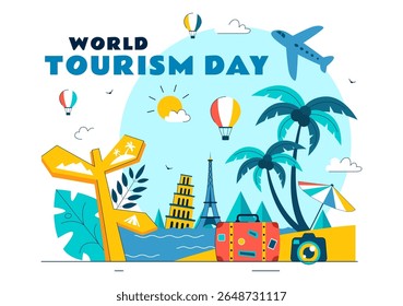 World Tourism Day Vector Illustration featuring a Globe, Famous Landmarks, Architectural Monuments, and National Statues in a Flat Background Design