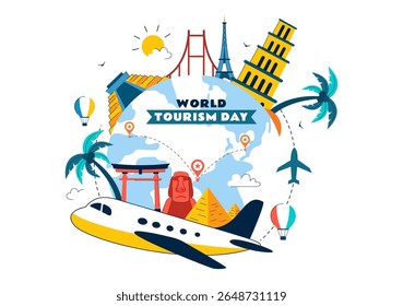 World Tourism Day Vector Illustration featuring a Globe, Famous Landmarks, Architectural Monuments, and National Statues in a Flat Background Design