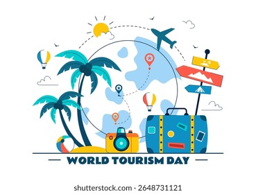 World Tourism Day Vector Illustration featuring a Globe, Famous Landmarks, Architectural Monuments, and National Statues in a Flat Background Design