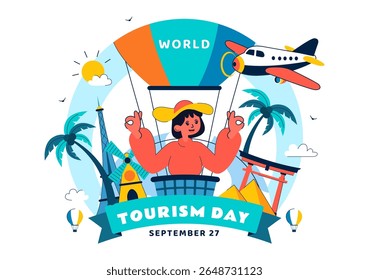 World Tourism Day Vector Illustration featuring a Globe, Famous Landmarks, Architectural Monuments, and National Statues in a Flat Background Design