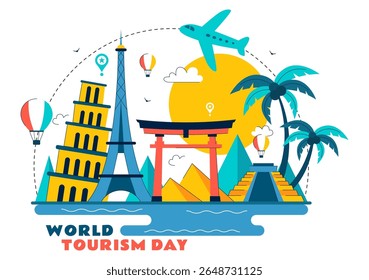 World Tourism Day Vector Illustration featuring a Globe, Famous Landmarks, Architectural Monuments, and National Statues in a Flat Background Design
