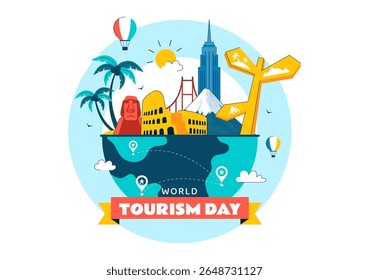 World Tourism Day Vector Illustration featuring a Globe, Famous Landmarks, Architectural Monuments, and National Statues in a Flat Background Design
