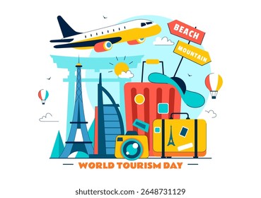 World Tourism Day Vector Illustration featuring a Globe, Famous Landmarks, Architectural Monuments, and National Statues in a Flat Background Design