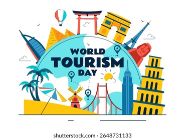 World Tourism Day Vector Illustration featuring a Globe, Famous Landmarks, Architectural Monuments, and National Statues in a Flat Background Design