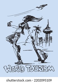 World Tourism Day. Woman tourist with a suitcase goes to the airport. World Tour Vector illustration. Line drawing. Vacation