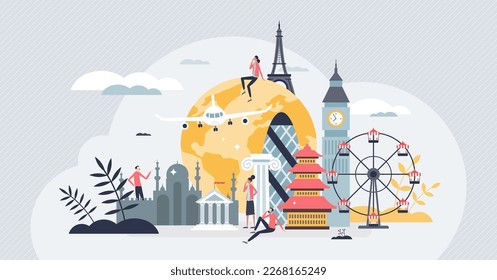 World tourism and global travel with symbolic heritage places tiny person concept. London, Paris, Rome and other historical tourist buildings, towers and holiday destinations vector illustration.