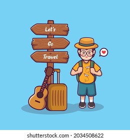 world tourisme day background. Let's go travel illustration. cute boy cartoon with Tourist suitcase and tourisme element.