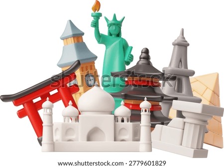 World tourist attractions 3D plastic style vector composition. Big Ben clock tower. Torii gate, Statue of liberty. Great Wall of China. Eiffel Tower. Pyramid of Cheops and The Taj Mahal