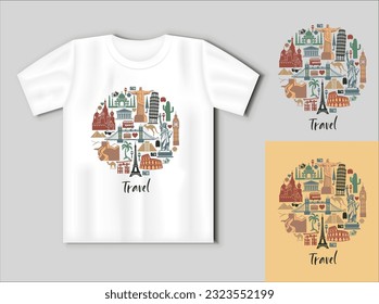 World tourist attractions. Flat icons in the shape of a circle. Travel concept with t-shirt mockup. Vector Illustration