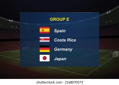 World tournament 2022 group. Soccer tournament broadcast graphic template. All flags