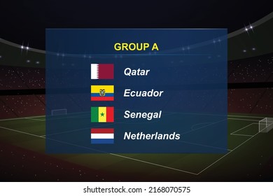 World tournament 2022 group. Soccer tournament broadcast graphic template. All flags