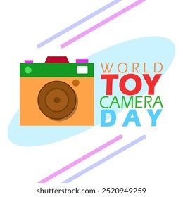 World Toy Camera Day celebrates on third Sunday of October. A colorful camera toy with bold text on a white background.