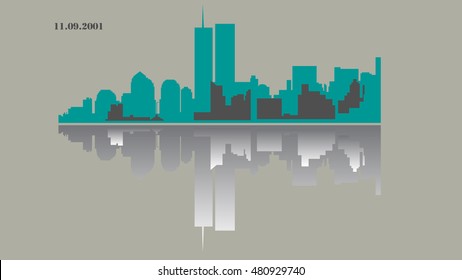 World Trade Center - Twin Tours - New York - History, Vector Illustration Cityscape, Flat Design, Shadow, Mirror View.