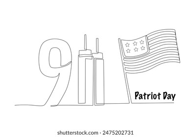 World Trade Center twin towers and american flag. Patriot day concept one-line drawing