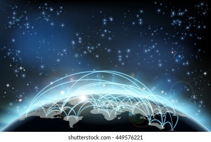 A world trade map transport logistics conceptual illustration of paths joining countries or cities representing travel or trade of goods, information or flights