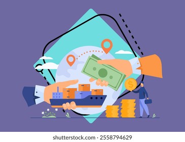 World trade process. Hands of people exchanging ship with cargo and cash. Vector illustration for international partnership, global business, world economy, export, import concept