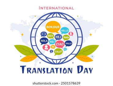 World Translator or Translation Language Day Illustration with Hello Greetings in Different Countries and Multilingual International Communication