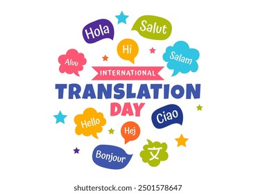 Ilustración del Día Mundial del Traductor o del Lenguaje con saludos de saludo en diferentes países y comunicación internacional multilingüe