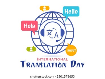 World Translator or Translation Language Day Illustration with Hello Greetings in Different Countries and Multilingual International Communication