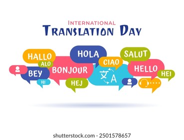 World Translator or Translation Language Day Illustration with Hello Greetings in Different Countries and Multilingual International Communication