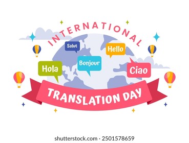 World Translator or Translation Language Day Illustration with Hello Greetings in Different Countries and Multilingual International Communication