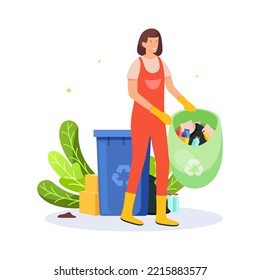 World trash day illustration woman cleaning up trash