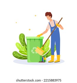 World trash day sweeping man illustration