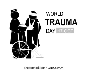 World Trauma Day Banner, Trauma Patients On Wheelchair And Bandage On Head Patient Standing With Nurse. Design For Poster And Banner. Flat Vector Illustration.