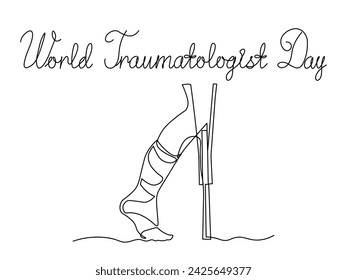 World Traumatologist Day. sick leg, foot in a cast,gypsum on a crutch. continuous one line art hand drawing sketch card 