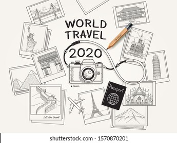 World Travel 2020 Concept. Camera And Famous Landmarks Photo Picture Drawing Style Vector Illustration.