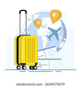 World Travel Adventure, Earth with Location Markers and Luggage. Traveling around the world by plane, vacation trip, travel to different countries. flat design illustration in the background.