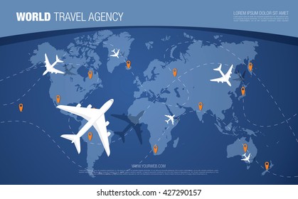 World travel agency banner. World map background.