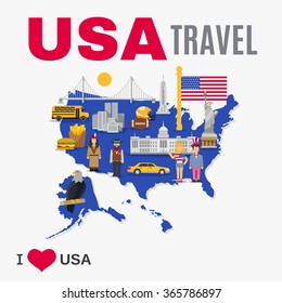 World travel agency USA top tourists attraction poster with national symbols landmarks and country map flat vector illustration