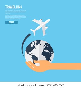 World travel aircraft jet flying around the earth globe icon  with caring holding hand abstract vector illustration