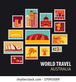 World Travel, Australia. Icons set. Stamps with historical architecture in the world. Vector illustration